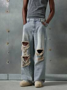 NEON BLANC Men's Casual Distressed Wide Leg Jeans, Emo Style - Blue - View 2