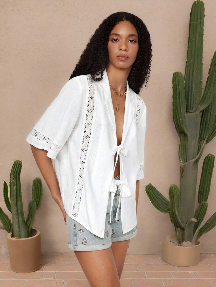 SHEIN Maija Blusa blanca de verano para mujer, con cuello vuelto, emparchada con volantes, de manga corta, informal, bohemia, de playa y vacaciones, estilo hawaiano suelto