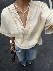 Siren Gaze Áo sơ mi vải lanh pha trộn họa tiết sọc dành cho nữ - Màu be - Xem 3