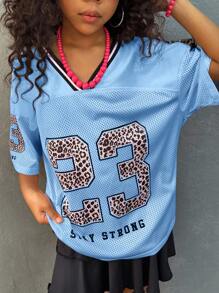 Coolane Kids Tween 女童休闲豹纹、数字和星星图案 V 领透气网眼 T 恤，夏季运动休闲装