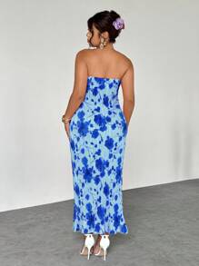 Firerie Váy maxi xếp ly lãng mạn thanh lịch cỡ lớn dành cho nữ, họa tiết hoa ombre, dáng chữ A, váy cưới bãi biển dáng chữ A bồng bềnh, váy mùa hè phong cách boho - Màu xanh lam - Xem 2