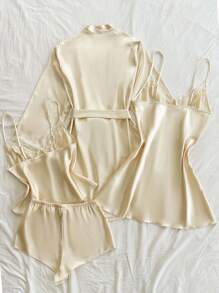 SilkySpell 4pcs Set: Embroidery Lace V-Neck Faux Silk Camisole Nightgown + Camisole Top + Shorts + Bathrobe Silk Pajama Set Women Satin Sleepwear Set Silk Sleepwear Women Silk Robe Set Lace Trim Satin Pajama Set, Fall Clothes