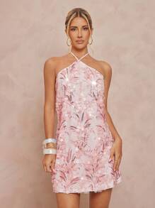 Lumalex Vestido corto con bajo asimétrico, bordado floral de lentejuelas y espalda descubierta para mujer