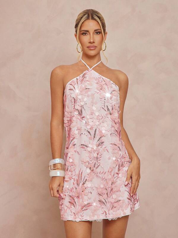Lumalex Vestido corto con bajo asimétrico, bordado floral de lentejuelas y espalda descubierta para mujer