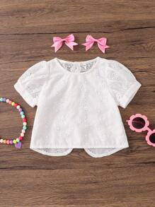 Emery Rose Kids Emery Rose Kids 女婴休闲简约舒适圆领泡泡袖镂空刺绣衬衫，适合日常穿着和返校季节 - 白色 - 查看 8