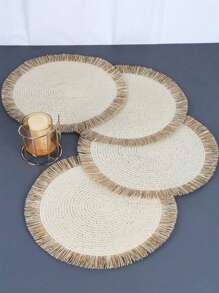 SHEIN 1 件/4 件/6 件/8 件卡其色/米色圆形编织藤条双色流苏餐垫，耐热防滑厨房餐桌垫，隔热垫，派对晚宴餐桌装饰
