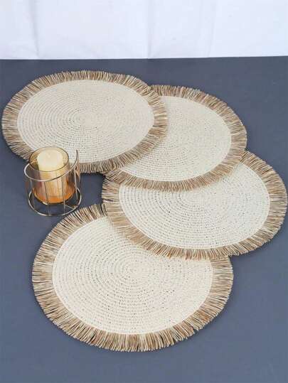 SHEIN 1 件/4 件/6 件/8 件卡其色/米色圆形编织藤条双色流苏餐垫，耐热防滑厨房餐桌垫，隔热垫，派对晚宴餐桌装饰