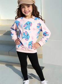 SHEIN Explorewe Girls' Street Sweatshirt Set, Suitable For Spring & Autumn Outdoor, Young Girl Graphic Print Knit Hoodie And Skinny Leggings Outfit Girls Sweatshirts Sweatshirt For Girls Stitch Sweatshirt For Girls Girls Lilo And Stitch Sweatshirt Lilo And Stitch Girls Clothes Fall Clothing,Fall Clothes For Kids,Long Sleeve,Autumn Clothes,Pull Sweatshirt Winter - Pink - View 1