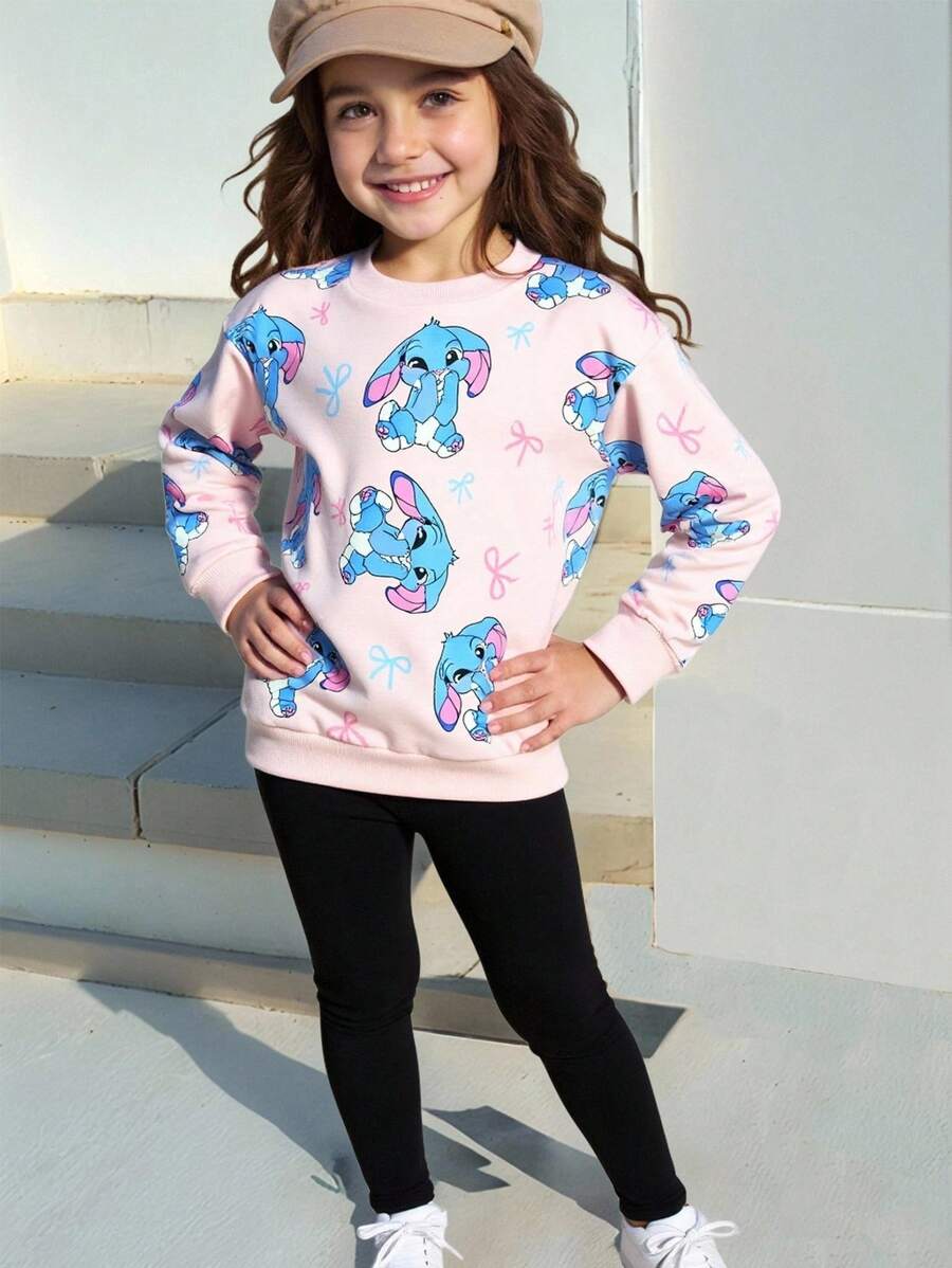 SHEIN Explorewe Girls' Street Sweatshirt Set, Suitable For Spring & Autumn Outdoor, Young Girl Graphic Print Knit Hoodie And Skinny Leggings Outfit Girls Sweatshirts Sweatshirt For Girls Stitch Sweatshirt For Girls Girls Lilo And Stitch Sweatshirt Lilo And Stitch Girls Clothes Fall Clothing,Fall Clothes For Kids,Long Sleeve,Autumn Clothes,Pull Sweatshirt Winter - Pink - View 1