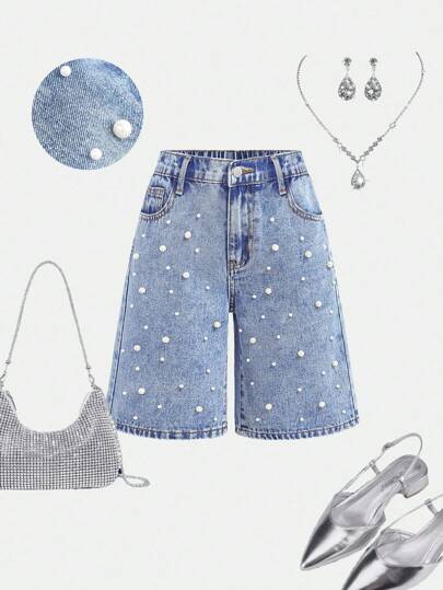 Girlism Shorts vaqueros elegantes y desgastados con inserto de bolsillo, perlas falsas y dobladillo deshilachado para niña preadolescente, adecuados para vacaciones de primavera y verano, playa, conciertos bohemios, festivales, viajes diarios, al aire libre, brunch, fiestas de té, ir al trabajo, aeropuerto, ropa de otoño e invierno, conciertos country para niños, ropa casual para la oficina, regreso a la escuela, estilo streetwear, shorts vaqueros con perlas, conjunto de shorts vaqueros, ropa estética, verano para adolescentes