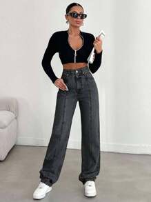 EURMUSE 100%Cotton Solid Color Straight Leg Jeans - Dark Grey - View 6