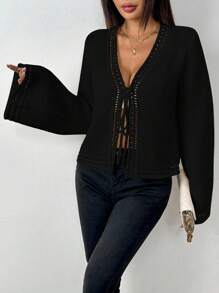 Selianne Women's Solid Color Long Sleeve Loose Knit Cardigan With Front Tie Fall Winter Cloth For Women