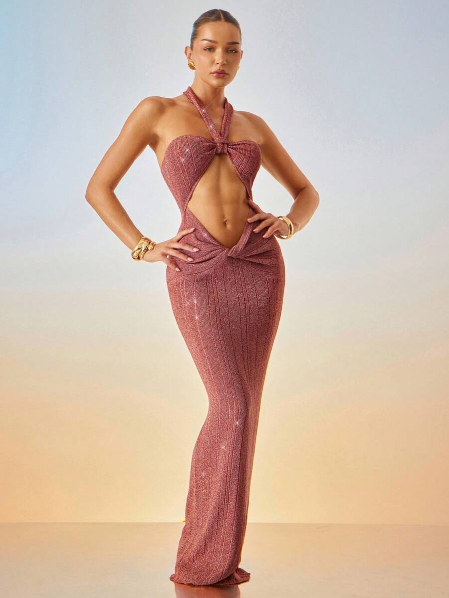 Hauture Váy len dệt kim lấp lánh gợi cảm cho kỳ nghỉ đêm hè dành cho nữ với chi tiết cắt xẻ phía trước - màu nâu - Xem 1