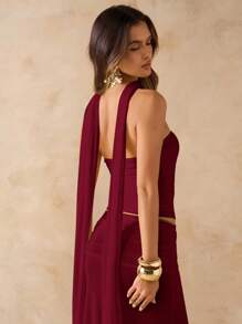 SHEIN BAE 2 件套女士纯色粉色褶皱抹胸上衣和低腰褶皱荷叶边长裙，沙滩装，夏季服装，波西米亚风格露背连衣裙，音乐会礼服，伴娘礼服 - 酒紅色 - 查看 7