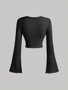 SHEIN MOD 2pcs Black & White Women Sweetheart Collar Ruffle Flare Sleeve T-Shirt, Classy Tops,Fall Clothes For Women,New Year, Elegant Tops,Going Out Tops, Wrap Tops For Women,Halloween, Christmas, Winter Clothes,Business Casual Woman,Works For Women,Boho - Black and White - View 4