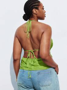 Maija Plus Size Women's Solid Color Front Tie Ruched Deep V Sexy Halter Top,Fall Autumn Back To School Homecoming Modest Vintage Women Old Money Teacher Romantic, Fashion, Versatile; Comfortable, Stylish, Elegant, Casual, Simple Daily Wear, Essential, Solid Color, Holiday Casual, Decent, Single Lady, Elegant Fashion Business Casual Woman Going Out Tops Graduation Teacher