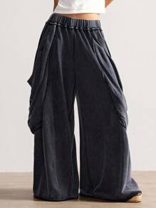 Bohemela Women's Casual Solid Color Knitted Loose Washed Pants Baggy Pants Loose Pants Flowy Pants Ruffle Pants Wide Leg Pants