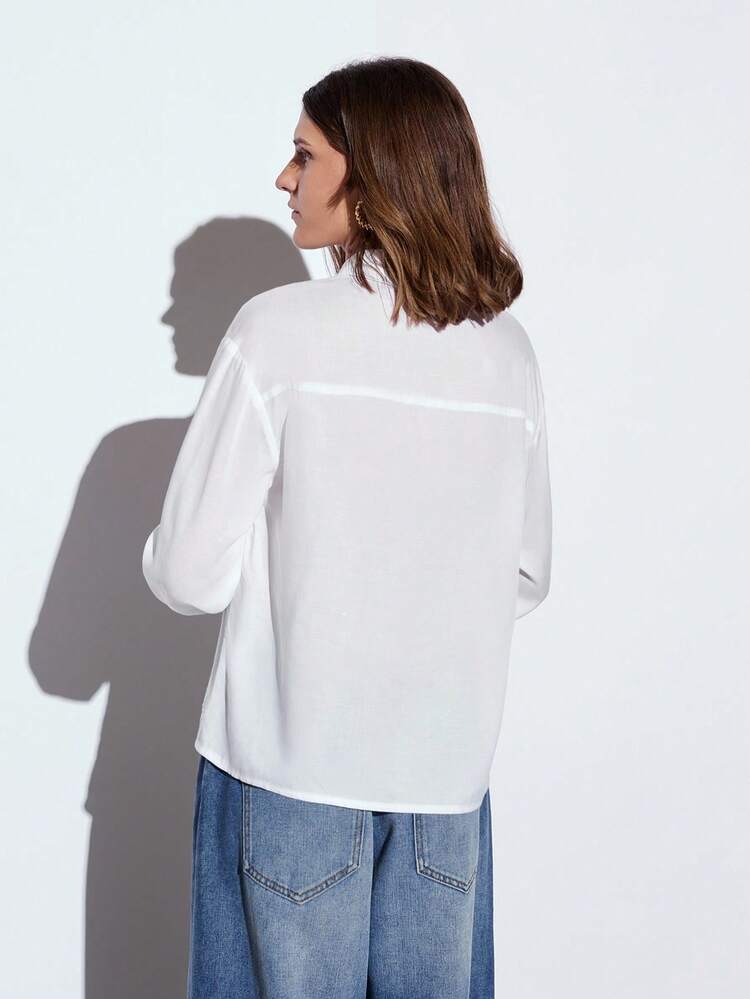 SHEIN Maija 2025 Summer New White Lapel Petal Wave Striped Textured Shirt, Versatile For Business Casual, Music Festival, Beach Vacation, Daily Casual, Romantic Urban Resort, Suitable For Outings, Gatherings, Weddings, Guests, Old Money Style, Graduation Season, Women