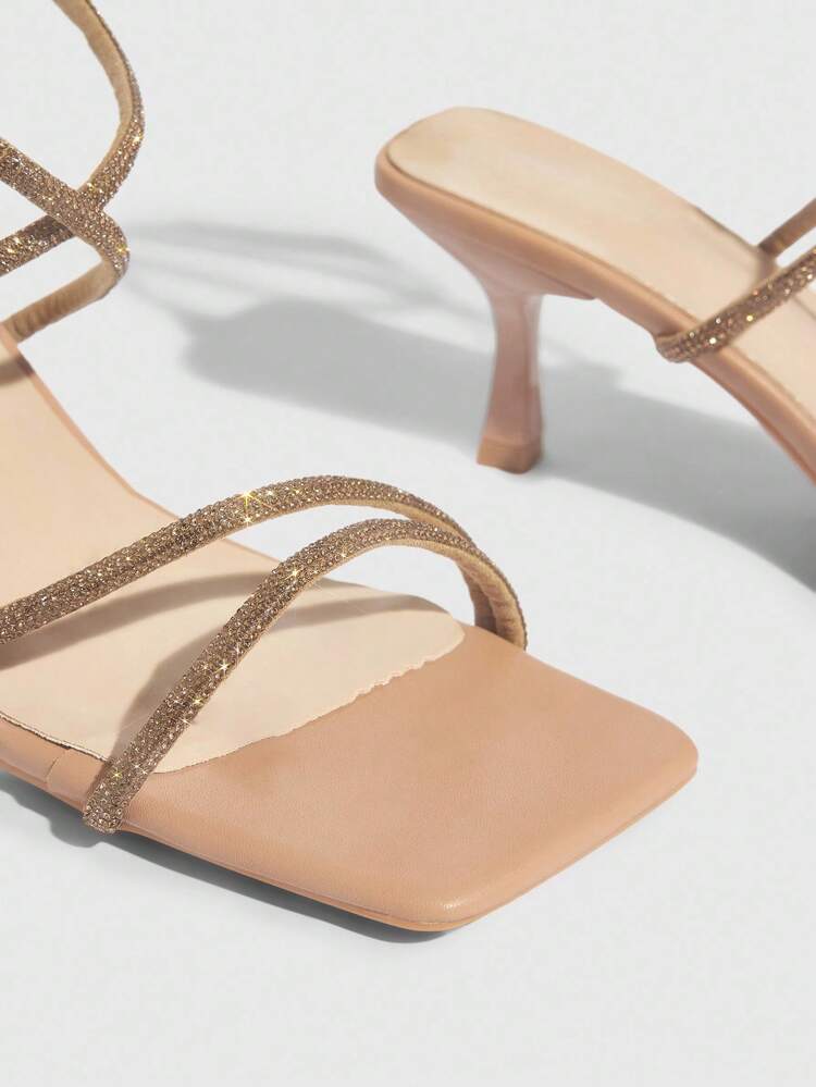 CUCCOO SZL Fashion Pink-Brown Rhinestone Thin Strap Ankle Wrap Square Toe Slim High Heel Sandals, Fit For Commute, Date, Party, Holiday Prom Heels Summer Shoes