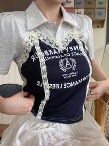DAZY Retro American Colorblock Lace Decor Letter Print Short Sleeve T-Shirt - Navy Blue - View 6