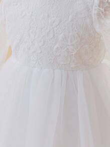 Glamorique Kids Baby Girl Lace Mesh Satin Long Sleeve Dress, White Floral Flower Girl Wedding Party Ball Gown With Big Bow Back, High-End Children's Dress For Birthday, Banquet, Performance Baby Girl White Lace Dress White Dress For Baby Girl