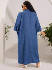 SHEIN SXY Plus Size Women Autumn Simple Front Button Loose Denim Shirt Dress Old Money Style Holiday Style Loose Dress Vacation Outfit