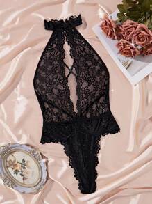 SHEIN Lencería body de una sola pieza con corte cruzado y estampado floral de encaje - Negro - Ver 3