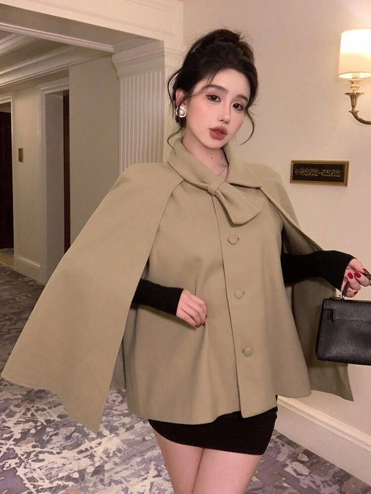 Women's Elegant Cloak Shawl Butterfly Collar Woolen Coat, Autumn/Winter Jacket