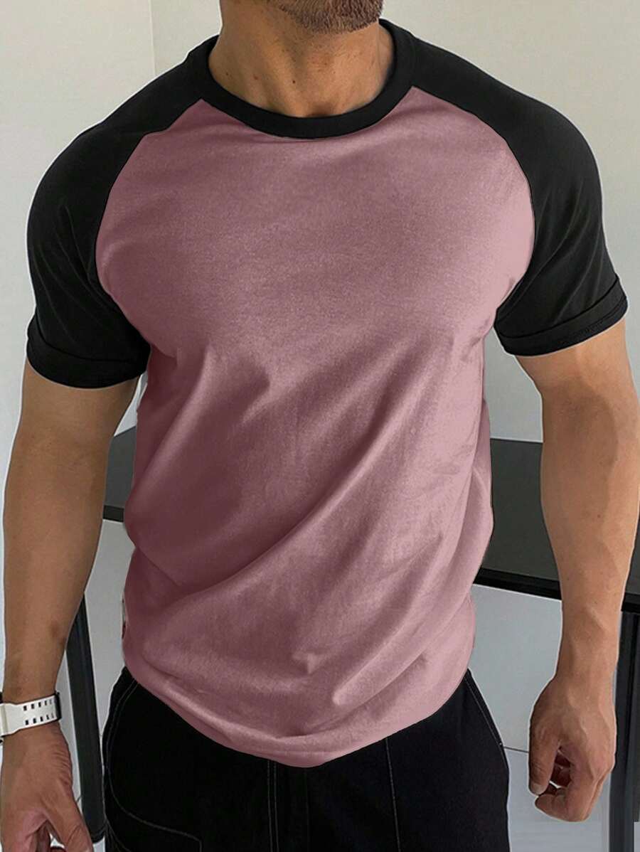 EURMUSE Camiseta de manga raglán con bloques de color 100% algodón para hombres - Rosa - Ver 1
