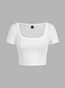 SHEIN EZwear 4 件套休闲简约黑色、深酒红色、灰色、白色圆领/方领短袖短款紧身 T 恤女款，适合夏季 - 彩色 - 查看 3