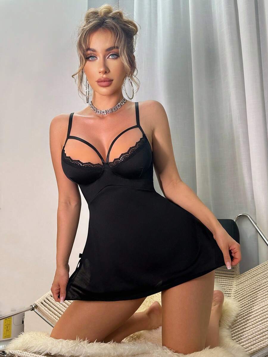 SHEIN 2 piezas Set de camisón sexy con lazo, adorno y correa para espagueti para mujer - Negro - Ver 1