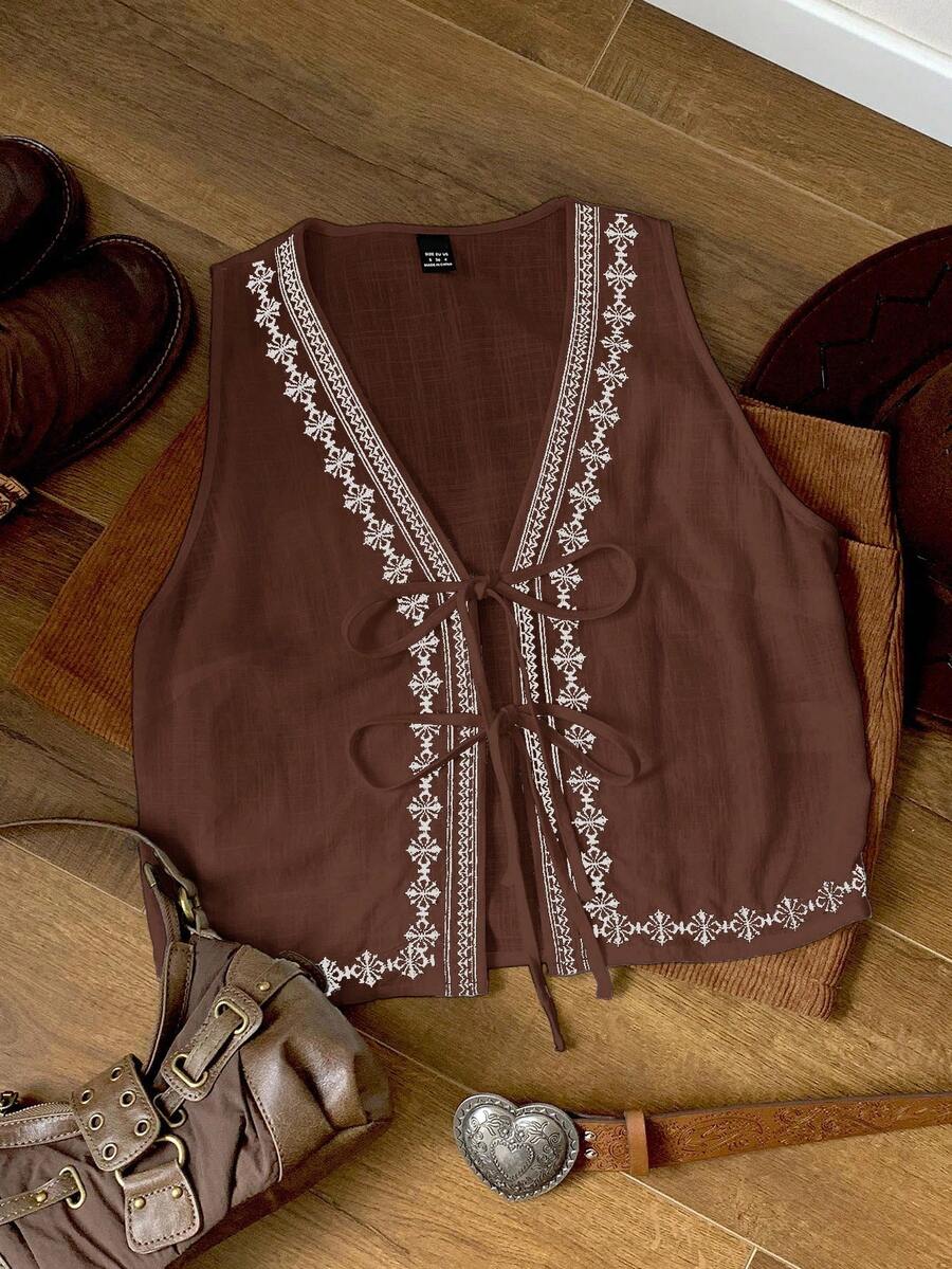 Comfortcana Women's Geometric Print Tie Front Sleeveless Casual Vacation Shirt Brown Tie Front Vest Boho Vest - Brown - View 1