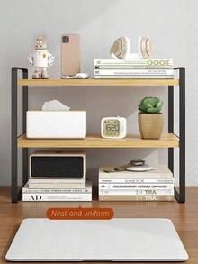 SHEIN 1pc Wood & Metal Multi-Tier Desktop Organizer Rack, Bookshelf For Students, Office Computer Display Shelf