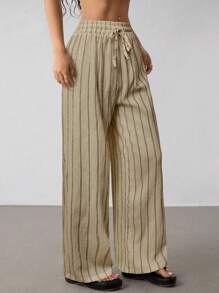 SHEIN PETITE Women's Striped Drawstring Waist Wide Leg Loose Casual Pants, For Daily Wear, Suitable For Spring, Summer And Autumn, French Holiday - Khaki - View 6