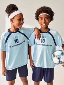 JNSQ Camiseta de manga corta para deportes al aire libre para volver a la escuela, camiseta gráfica de cuello redondo con bloqueo de color y estampado divertido para niños para deportes al aire libre