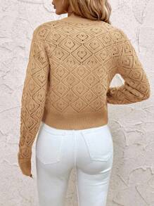 SHEIN Clasi 秋冬休闲纯色心形镂空针织短款开衫 - 駝色 - 查看 2