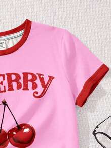SHEIN Tween Girls Casual Simple Short Sleeve Shorts 2 Pieces Set, Suitable For Summer Cherry Outfit Cherry Shorts Set Girls Cherry Top Cherry T Shirt Pink Cherry Set