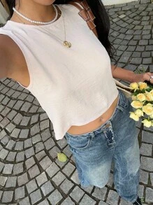 SHEIN Frenchy 女士休闲露背蝴蝶结设计圆领背心 - 杏色 - 查看 2