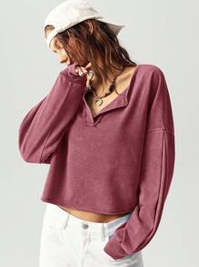 Bohemela 休闲纯色V领长袖宽松女式运动衫 - 酒紅色 - 查看 4