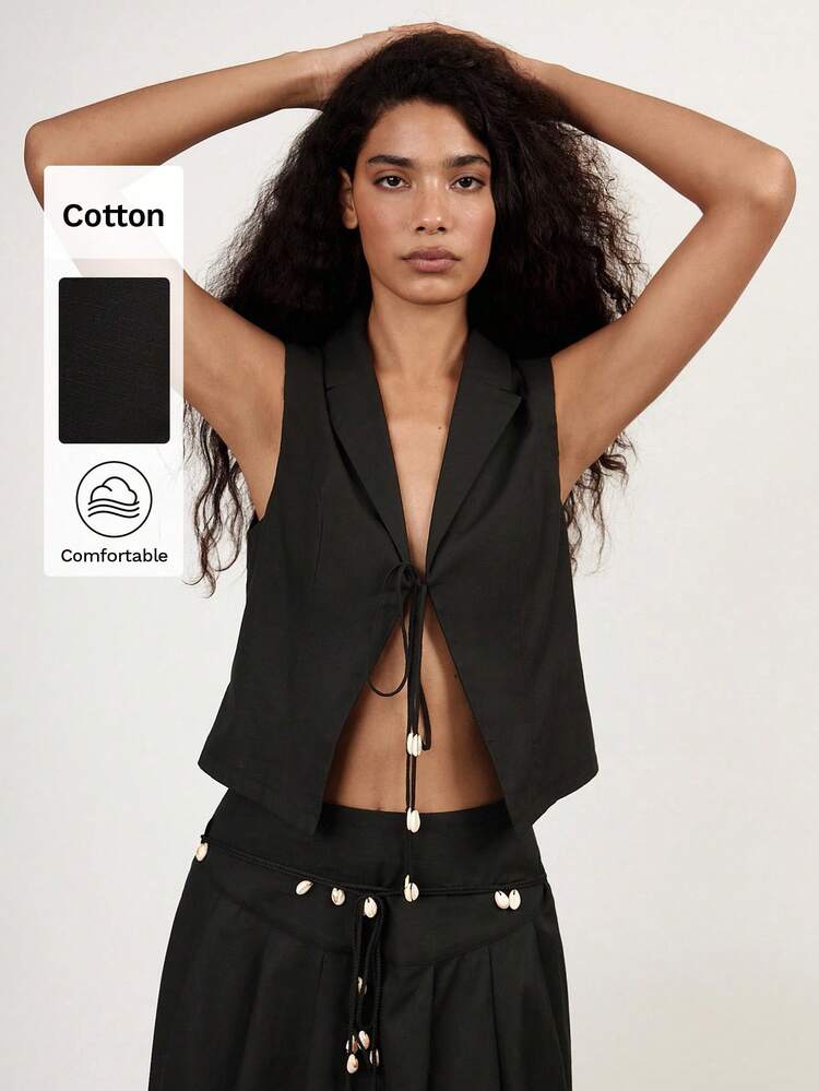 SHEIN Maija 2025 Lato Nowe Przednie Zapięcie Metalowa Muszla i Kokarda Ozdobny Kołnierz Wiązany Pasek Plaża Wakacje Swobodny Romantyczny Miejski Ośrodek Odpowiedni Na Wyjścia, Imprezy, Wesela, Ukończenia Szkoły Damska Kamizelka Top