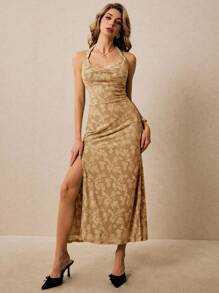 Poéselle 女士花卉提花深垂领侧开衩下摆连衣裙，优雅 - 卡其色 - 查看 7