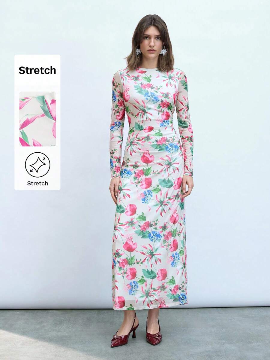 Maija 女式杏色花卉印花网眼连衣裙，优雅性感度假装，圆领，长袖，简约日常风格 - 粉色 - 查看 1