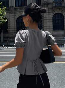 DAZY 女式蕾丝拼布V领泡泡袖衬衫，夏季 - 深灰色 - 查看 2