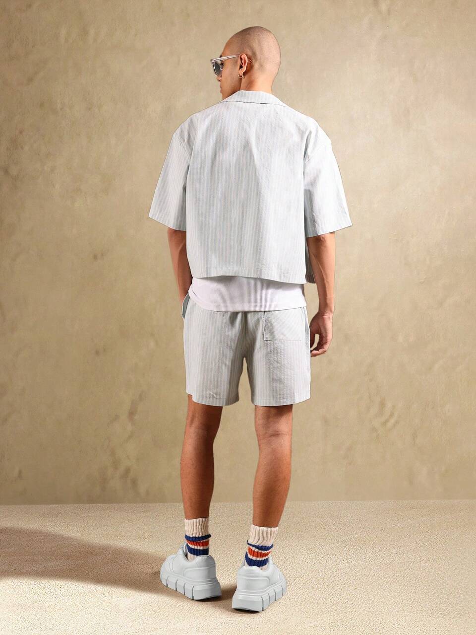 SUMWON Summer Resort Co-Ord Set Striped Button Down Shirt Drawstring Shorts Beach Vacation Holiday Festival Weekend Casual Outfit Plain
