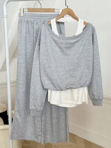 SHEIN 3件套女士休闲吊带阔腿运动衫套装