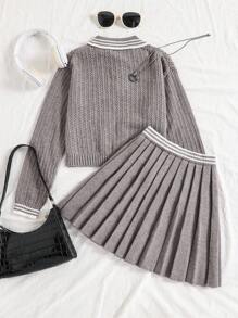2 件套女童返校针织毛衣和百褶裙套装，有领长袖秋冬装 - 灰色 - 查看 2