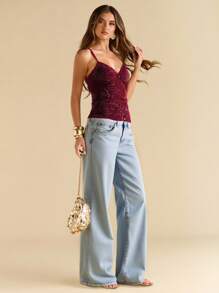 SHEIN BAE Áo ba lỗ dây mảnh jacquard họa tiết màu hồng trơn dành cho nữ, Áo ba lỗ đi nghỉ, Áo ba lỗ jacquard, Xuân/Hè - Màu Đỏ Sâu - Xem 3