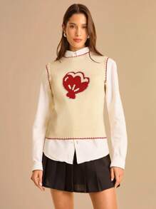 CAJUNI Women's Shell Pattern Knit Round Neck Vest, Casual & Retro In Fall/Winter - Cream - View 8