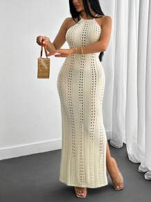 CLARA VERO Vestido midi tipo cubrecuerpo con cuello de halter y diseño hueco, estilo de playa para uso en verano