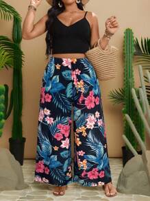 Travachic Plus Size Women's Tropical Plant Print Loose Wide Leg Pants, Suitable For Vacation Women Wide Leg Pants Floral Wide Leg Pants Tropical Print Wide Leg Pants Palazzo Pants Women Wide Leg Summer Pants - Multicolor - View 5